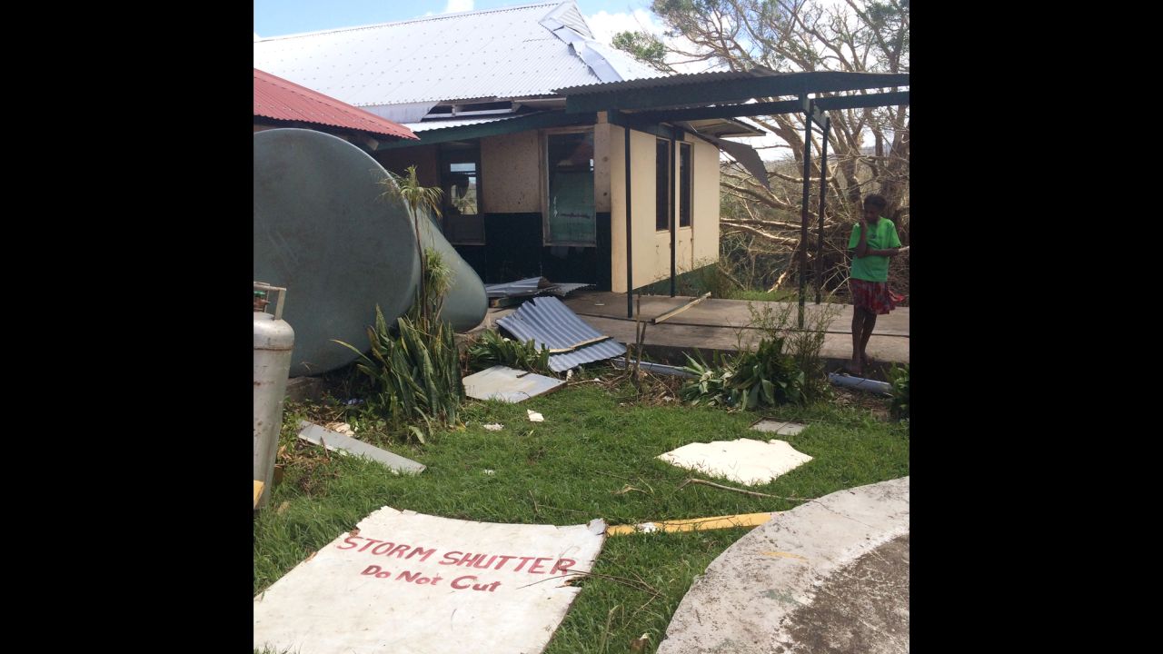 Storm-tossed debris litters the only hospital on Tanna Island.