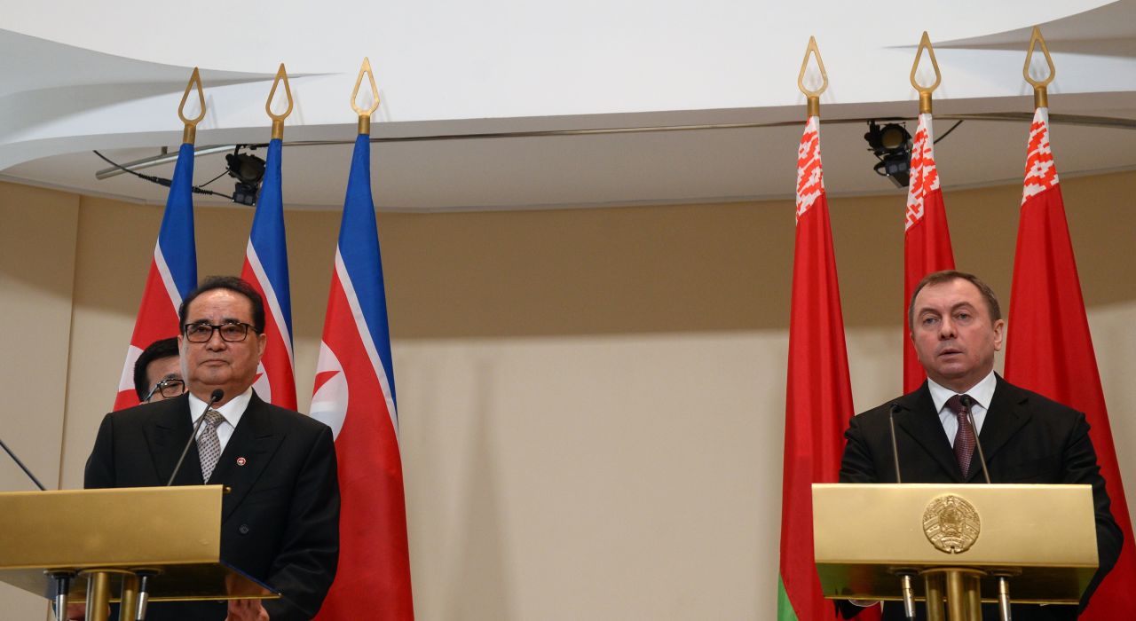 North Korean Foreign Minister Ri Su Yong stopped in Belarus last week. At a meeting in Minsk, Belarus and North Korean officials discussed the UN and the principles of non-interference, according to North Korean state media, KCNA. Ri is seen with Belarus Foreign Minister Vladimir Makei on March 9, 2015.