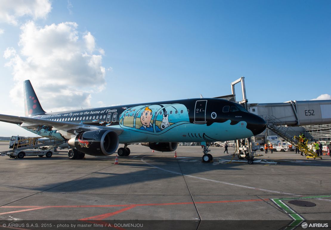 The Brussels Airlines A320 features one of Belgium's most famous exports.