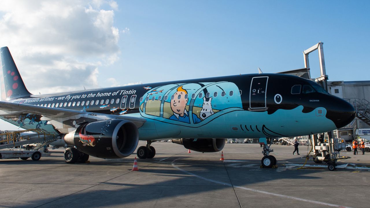 The Brussels Airlines A320 features one of Belgium's most famous exports.