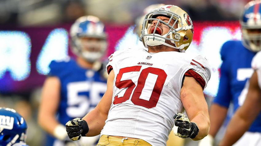 EAST RUTHERFORD, NJ - NOVEMBER 16:   Chris Borland #50 of the San Francisco 49ers celebrates after a tackle against the New York Giants in the fourth quarter at MetLife Stadium on November 16, 2014 in East Rutherford, New Jersey.  (Photo by Al Bello/Getty Images)