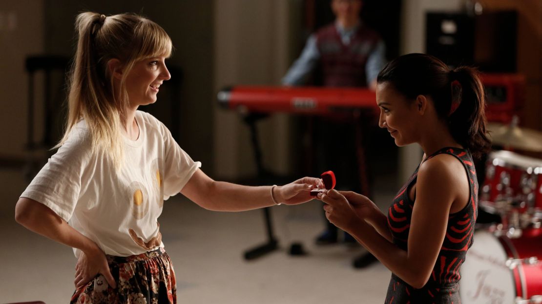 Heather Morris and Naya Rivera on "Glee" in 2014.