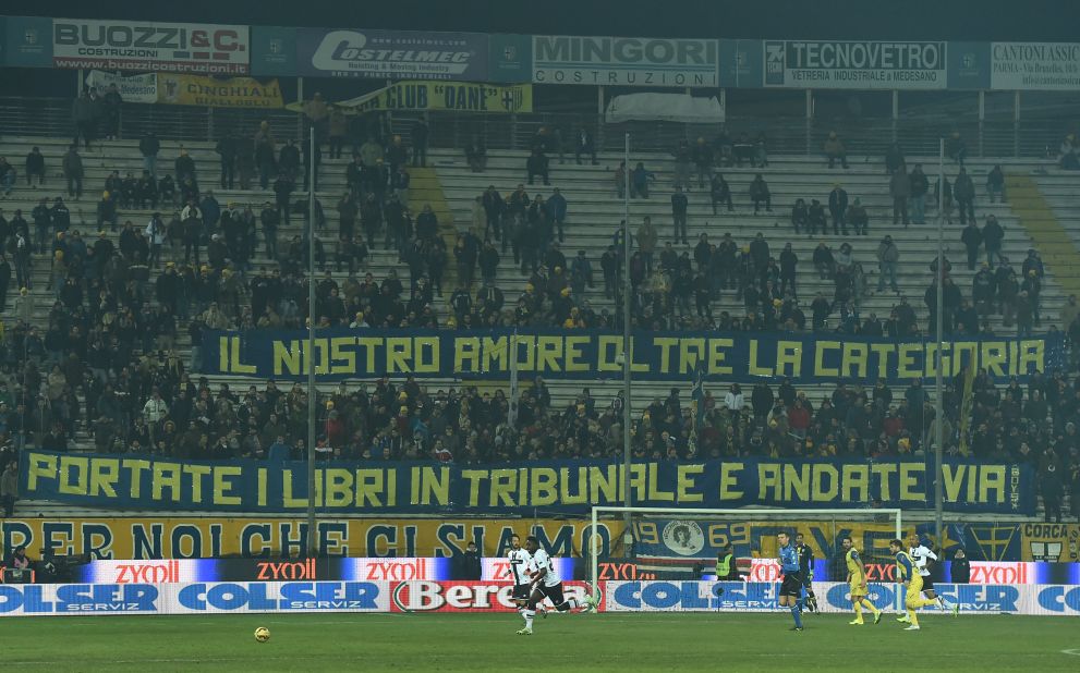 Parma fans display a giant banner during a home match against AC Chievo Verona at Stadio Ennio Tardini on February 11, 2015