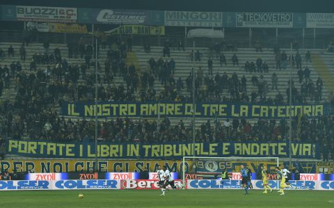 Parma fans display a giant banner during a home match against AC Chievo Verona at Stadio Ennio Tardini on February 11, 2015