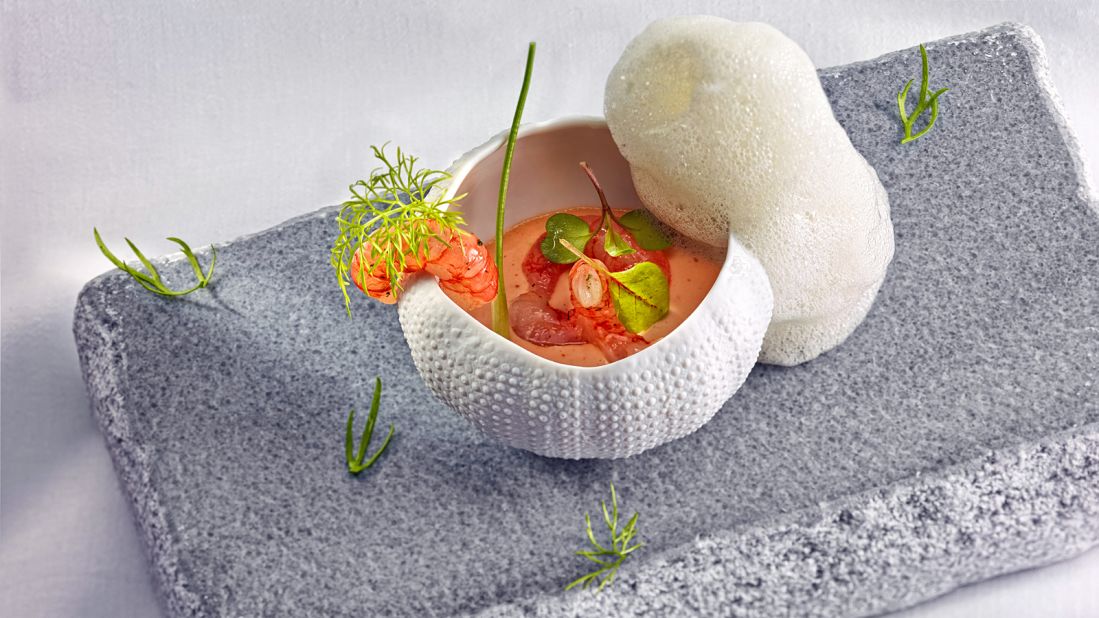 Dill adds a subtle twist of flavor to the crustacean cream and shrimp with foam.