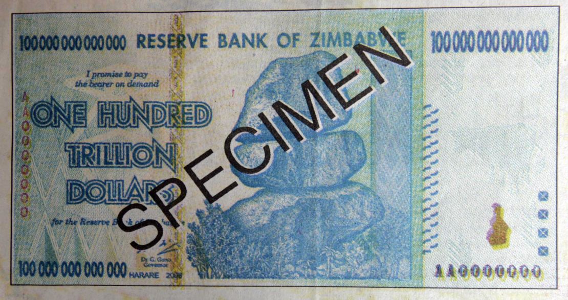 A one hundred trillion dollar note, issued by Gideon Gono