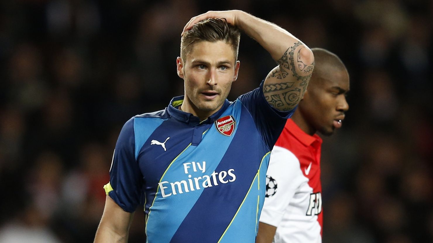 Olivier Giroud scored Arsenal's first goal during their second leg tie in Monaco.