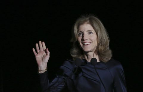 Caroline Kennedy, U.S. Ambassador to Japan, waves before speaking at an event in Tokyo on Wednesday, March 18. Japanese authorities are <a href="http://www.cnn.com/2015/03/18/politics/caroline-kennedy-threats-japan/index.html" target="_blank">investigating death threats</a> against Kennedy, according to Japanese media reports and international wire services.
