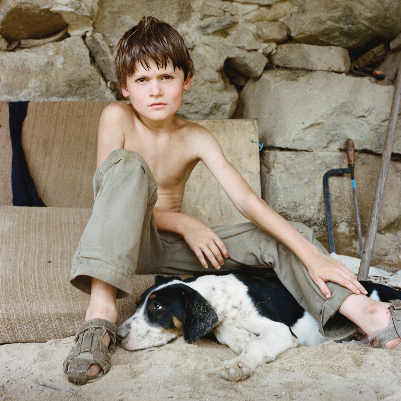 A boy gazes intensely at Bruy's lens while stroking his dog.<br /><br />