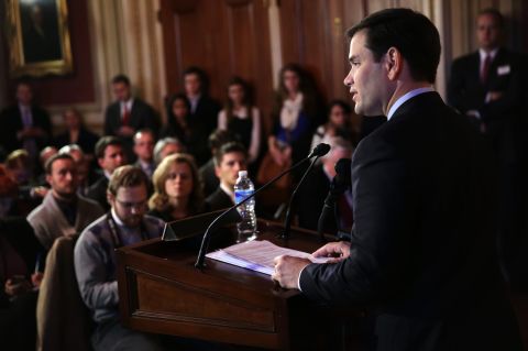 Rubio addresses an event held by the American Enterprise Institute for Public Policy Research in January 2014.