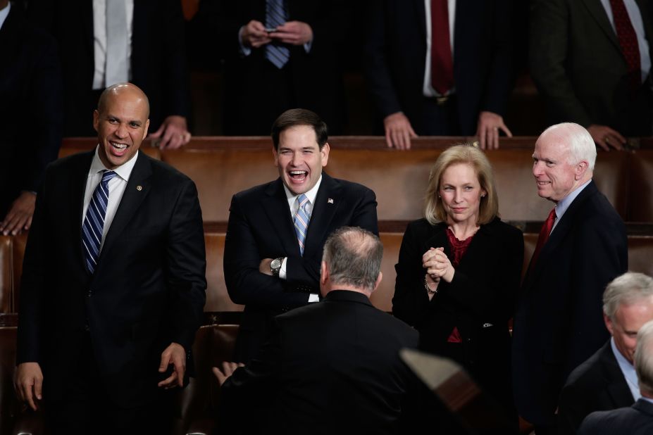 From left, Sens. Cory Booker, Rubio, Kristen Gillibrand and John McCain wait for Obama to deliver the State of the Union address in January 2014.