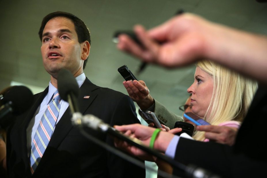 Rubio talks to reporters in June after a closed door briefing on Capitol Hill.