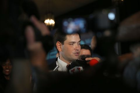 Rubio speaks with the media after delivering remarks during the graduation of small business owners from the Goldman Sachs 10,000 Small Businesses program held in Miami in February.