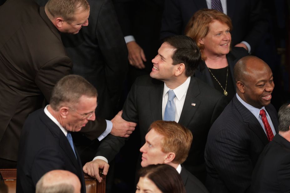 Rubio, center, arrives in the House chamber ahead of Israeli Prime Minister Benjamin Netanyahu's address to a joint meeting of the U.S. Congress in March.