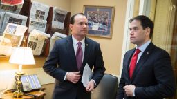 Sen. Mike Lee (R-Utah) (left) and Sen. Marco Rubio (R-FL) talk before a news conference to introduce their proposal for an overhaul of the tax code, March 4, 2015 on Capitol Hill in Washington, D.C.