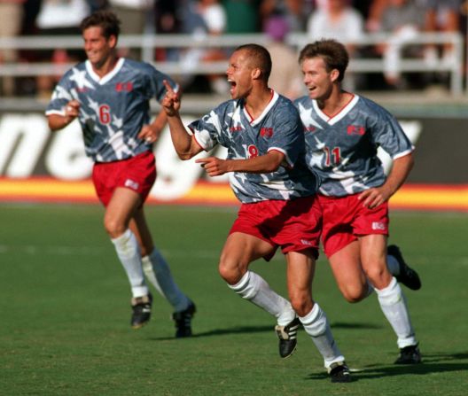 Former U.S. midfielder Earnie Stewart celebrates his goal against Colombia in the 1994 World Cup. Stewart, who is half-Dutch, is director of football for AZ Alkmaar and a big fan of "Moneyball."