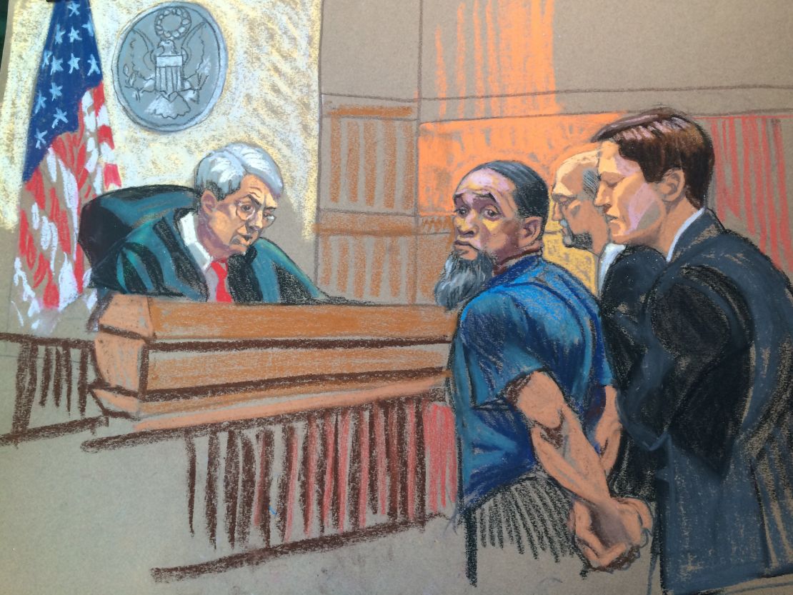 A sketch of Tairod Nathan Webster Pugh entering a not guilty plea.