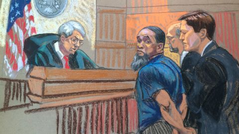 A sketch of Tairod Nathan Webster Pugh entering a not guilty plea.