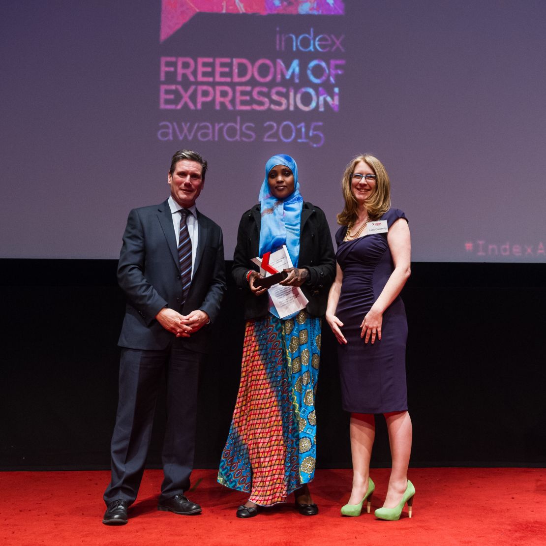 Doughty Street barrister Keir Starmer, campaigning award recipient and women's rights activist Amran Abdundi and Index on Censorship CEO Jodie Ginsberg.
