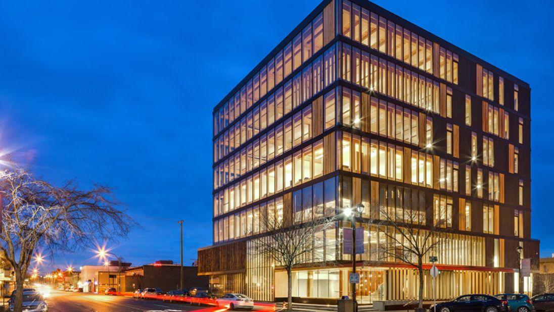 The facade of the Wood Innovation Design Centre in British Columbia, Canada, was built using a triple-glazed wood veneer in conjunction with glass.