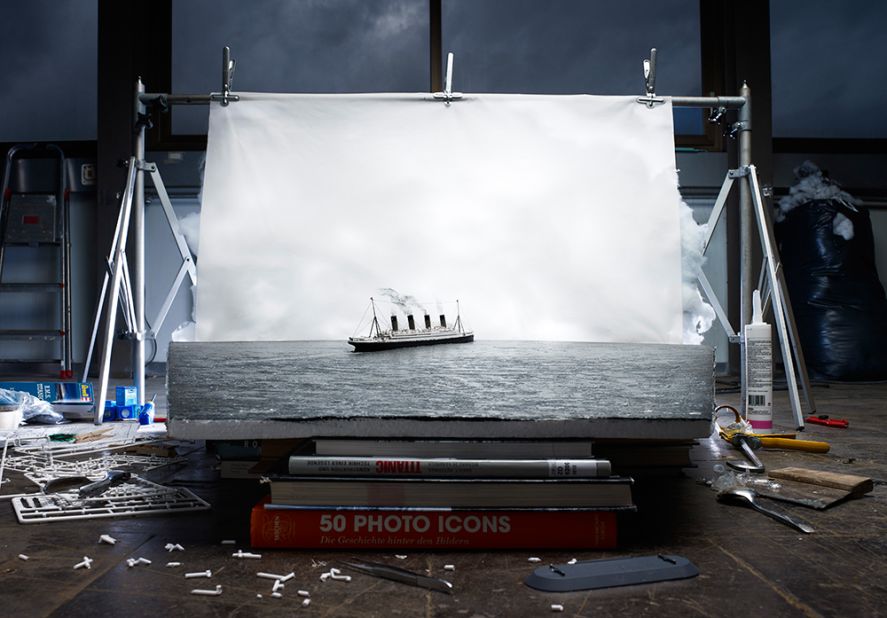 Here, a recreated model of Francis Brown's 1912 "The Last Photo of the Titanic Afloat," appears to magically sail out of the page.  