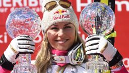 Lindsey Vonn of the USA wins the overall SuperG and Downhill World Cup globes during the Audi FIS Alpine Ski World Cup Finals Women's Super G on March 19, 2015 in Meribel, France. (Photo by Alain Grosclaude/Agence Zoom/Getty Images)