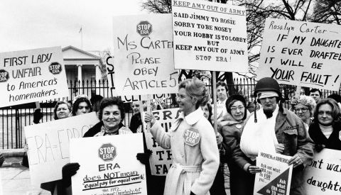 Schlafly led protests against the ERA, including this one at the White House in 1977. The group, about 200 strong, was protesting then-first lady Rosalyn Carter's campaign for the ERA. Amendment supporters like Eleanor Smeal, president of the Feminist Majority Foundation, say their real enemy was never Schlafly but big business and insurance companies.
