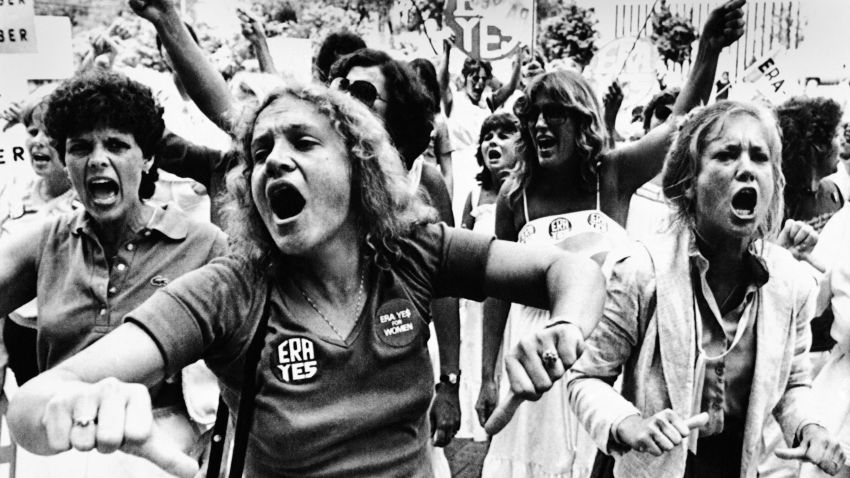 Equal Rights Amendment supporters voice their disapproval of the 22-16 vote against E.R.A. in the Florida Senate as they streamed out of the capitol for a demonstration and shouted "vote them out" in response to the Senate vote, June 21, 1982.