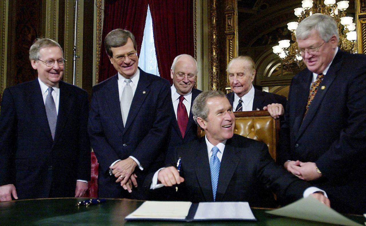 McConnell, left, Sen. Trent Lott, R-Mississippi, Vice President Dick Cheney, President George W. Bush, Sen. Strom Thurmond, R-South Carolina, and House Speaker Dennis Hastert, R-Illinois, are pictured during Bush's inauguration to his first term on January 20, 2001.
