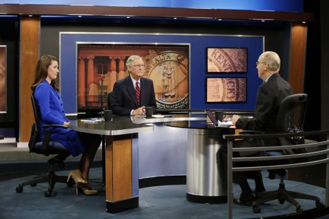 McConnell and Kentucky Secretary of State Alison Lundergan Grimes, his Democratic opponent in the 2014 election, sit with "Kentucky Tonight" host Bill Goodman before their debate in October in Lexington. 