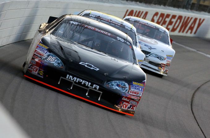 Here Ruston (#96) is pictured driving in the NASCAR K&N Pro Series at Iowa Speedway.