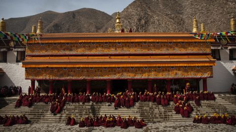 Tibetan Buddhist monks gather at Labrang Monastery in a Tibetan region of northwest China's Gansu province to celebrate Monlam, or  "Great Prayer" rituals on March 5, 2015.