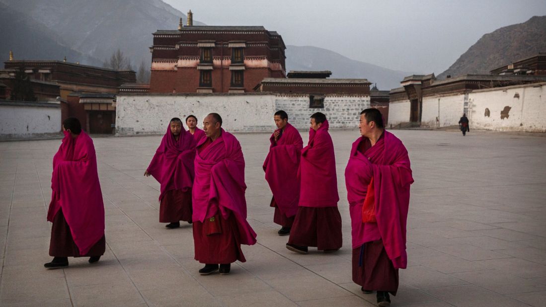 Monks of the Gelug, or "Yellow Hat" order, after morning prayers on March 3, 2015.