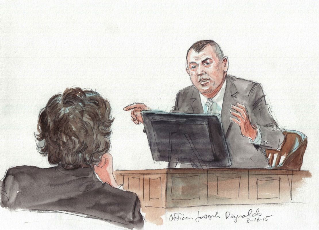Joseph Reynolds,  the first Watertown patrol officer to respond, testifies at Tsarnaev's trial. 