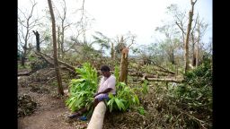 A woman sits on a fallen tree amongst the remains of her garden in Port Villa, Vanuatu, March 19.