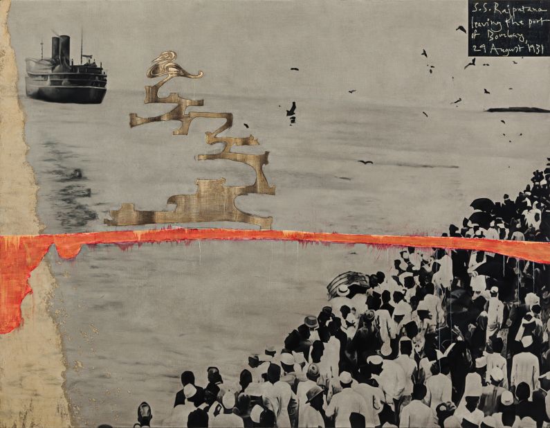 Atul Dodiya: S. S. Rajputana leaving the port of Bombay -- 29th August 1931, Oil, acrylic with marble dust and oil-stick on canvas, 70 x 90 inches