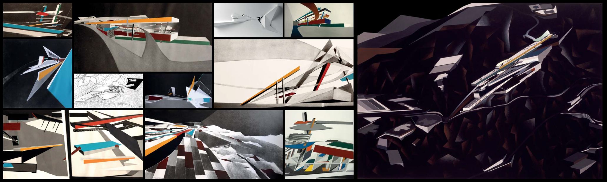 Zaha Hadid: Peak Proposal (1982/1983), Set of 12 works (1 painting on paper; 9 printed and acrylic painted canvases; 1 set of overlaid plans; 1 paper relief.