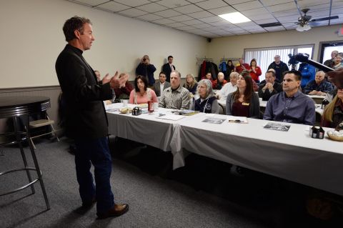Paul speaks in Rochester, New Hampshire, prior to meeting potential voters in March.
