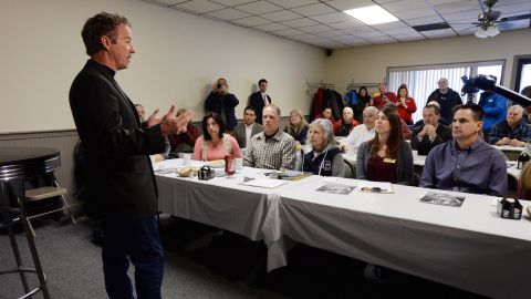 Paul speaks in Rochester, New Hampshire, prior to meeting potential voters in March.