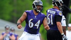 Caption:BALTIMORE, MD - MAY 17: Center John Urschel #64 of the Baltimore Ravens participates in the Baltimore Ravens Rookie Minicamp on May 17, 2014 in Baltimore, Maryland. (Photo by Larry French/Getty Images)