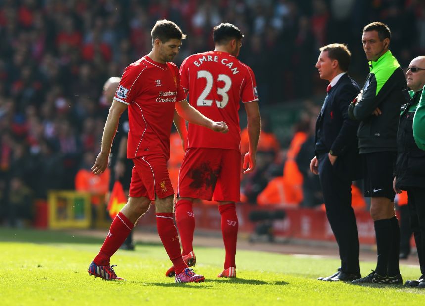 Gerrard traipses off after his second half dismissal at Anfield in the 2-1 defeat to Manchester United.