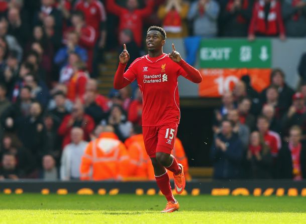 Daniel Sturridge celebrates after pulling a goal back for Liverpool at Anfield.