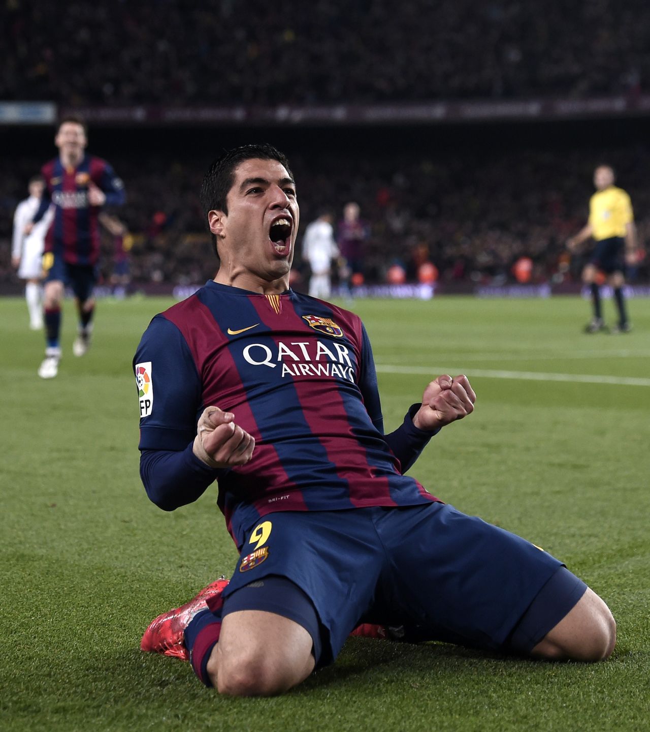 Suarez celebrates his winning goal in El Clasico for Barcelona.