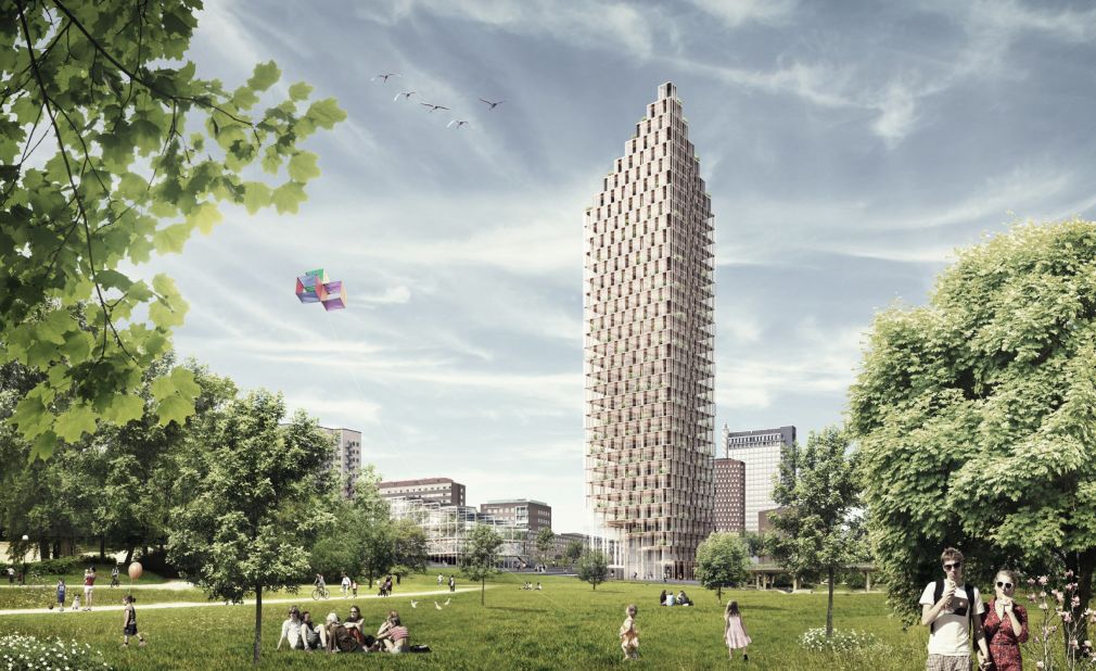 Architects C.F. Moller have designed a 34-story, wood-framed residential tower for the center of Stockholm, as part of a design competition.