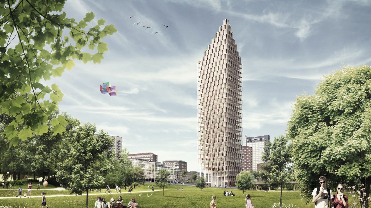 Architects C.F. Møller have designed a 34-story, wood-framed residential tower for the center of Stockholm. It could be built by 2023.
