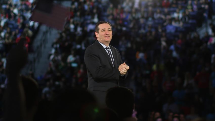 LYNCHBURG, VA - MARCH 23: U.S. Sen. Ted Cruz (R-TX) stands on stage while speaking to a crowd gathered at Liberty University to announce his presidential candidacy March 23, 2015 in Lynchburg, Virginia. Cruz officially announced his 2016 presidential campaign for the President of the United States during the event. (Photo by Mark Wilson/Getty Images)