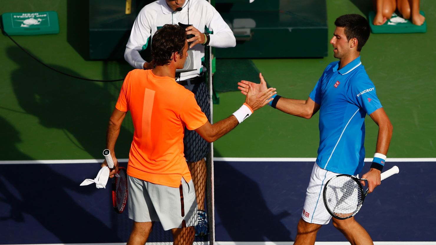 For the second year in a row, Novak Djokovic, right, beat Roger Federer in three sets in the Indian Wells tennis final. 