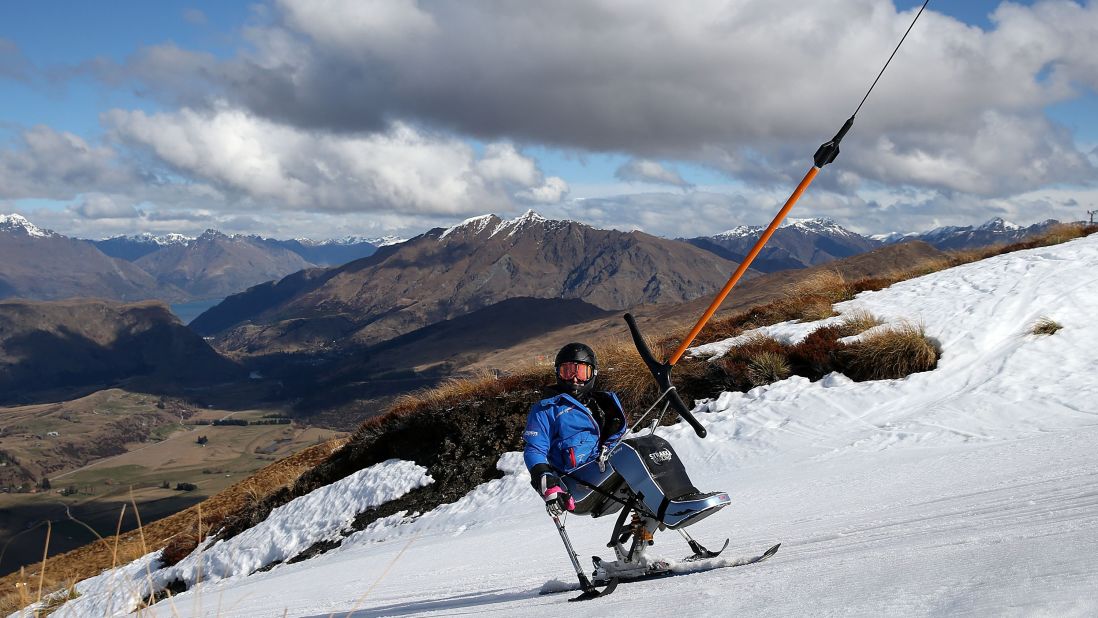 Queenstown, New Zealand is this year's No. 22 destination. Here, a competitor in the 2013 IPC Alpine Adaptive Slalom World Cup rides up to a race start line.