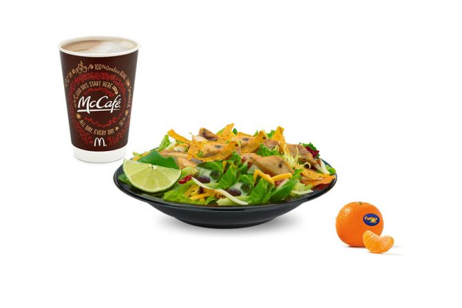 "I would select the Premium Southwest Salad without chicken (I'm a vegetarian), a McCafe Nonfat Medium Latte and a side order of cuties.<br /><br />All of this would total to 350 calories, 70g fat, 55g carbs, 8g fiber, 35g sugar and 21g protein. <br />This meal would be satisfying, flavorful, hit most of the food group targets and one that I would enjoy." <br /><br />-- <a href="index.php?page=&url=http%3A%2F%2Fwww.vandanasheth.com%2F" target="_blank" target="_blank">Vandana Sheth</a>, RDN, CDE, registered dietitian nutritionist and spokesperson for the Academy of Nutrition and Dietetics
