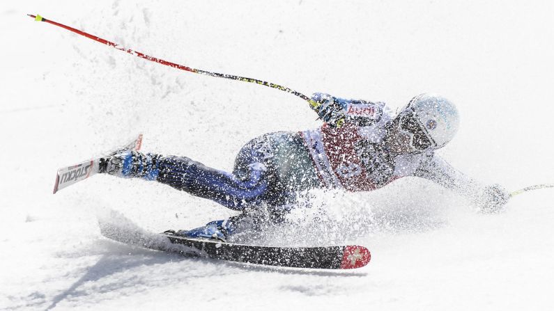 Spanish skier Carolina Ruiz Castillo falls after her downhill run in the World Cup Finals on Wednesday, March 18. She finished sixth in the event, which took place in Meribel, France.